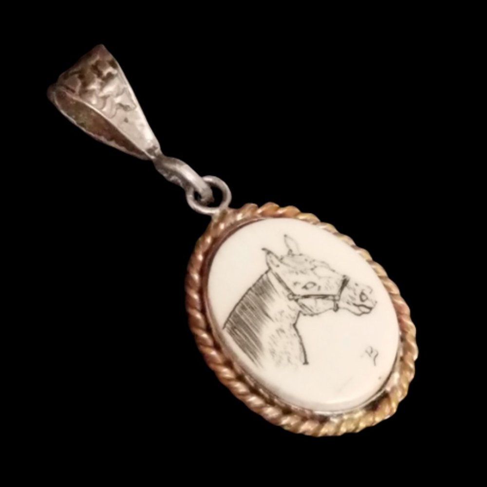 Artisan OOAK Horse Scrimshaw Pendant 14k Sterling